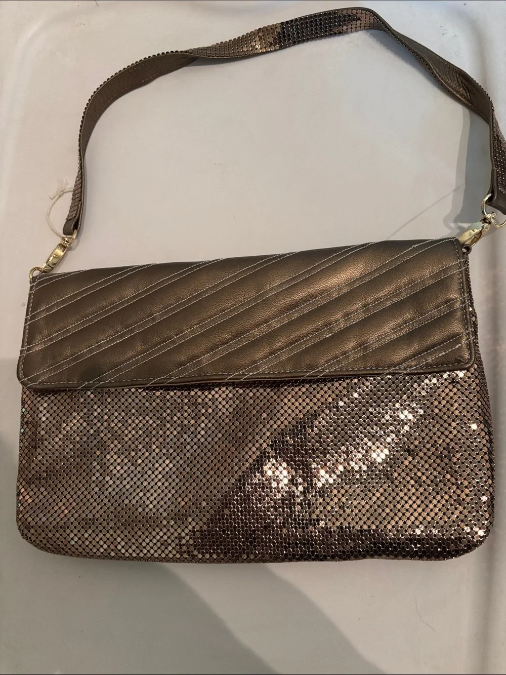 Whiting & Davis Metallic Bronze Quilted Flap Shoulder Bag